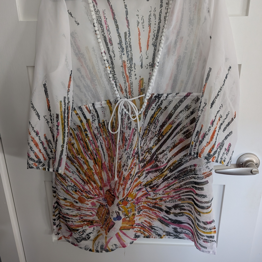 Ingear White Sheer Swim Coverup with Multicolor Burst Print
